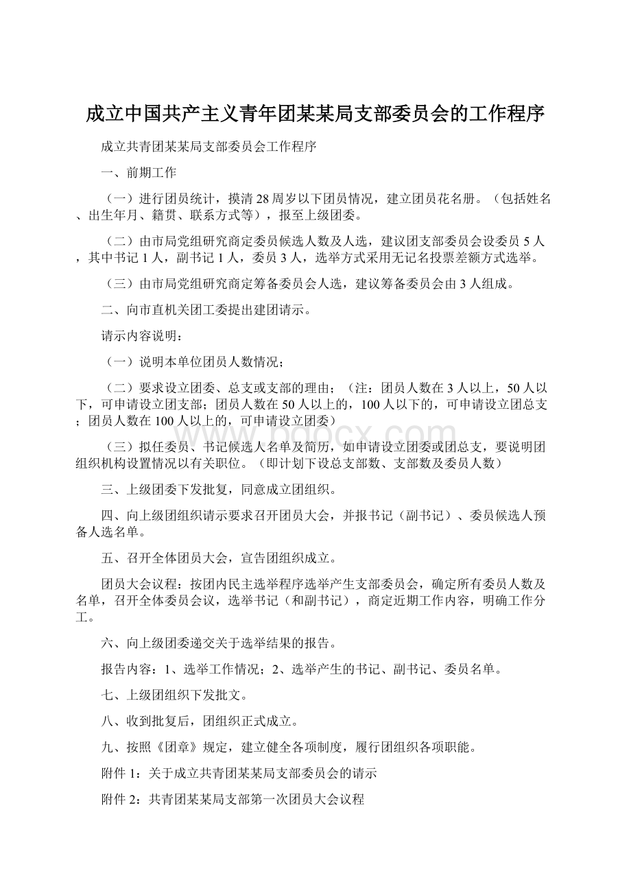 成立中国共产主义青年团某某局支部委员会的工作程序.docx