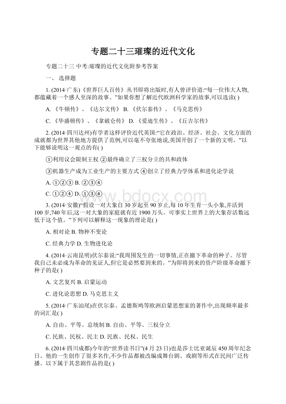 专题二十三璀璨的近代文化Word文档下载推荐.docx