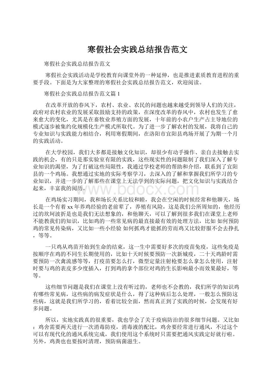 寒假社会实践总结报告范文Word格式文档下载.docx