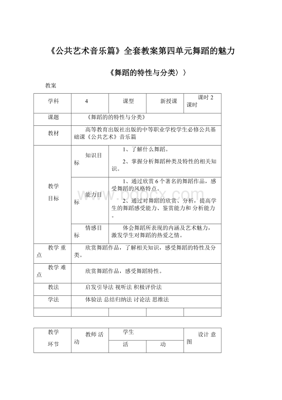 《公共艺术音乐篇》全套教案第四单元舞蹈的魅力.docx