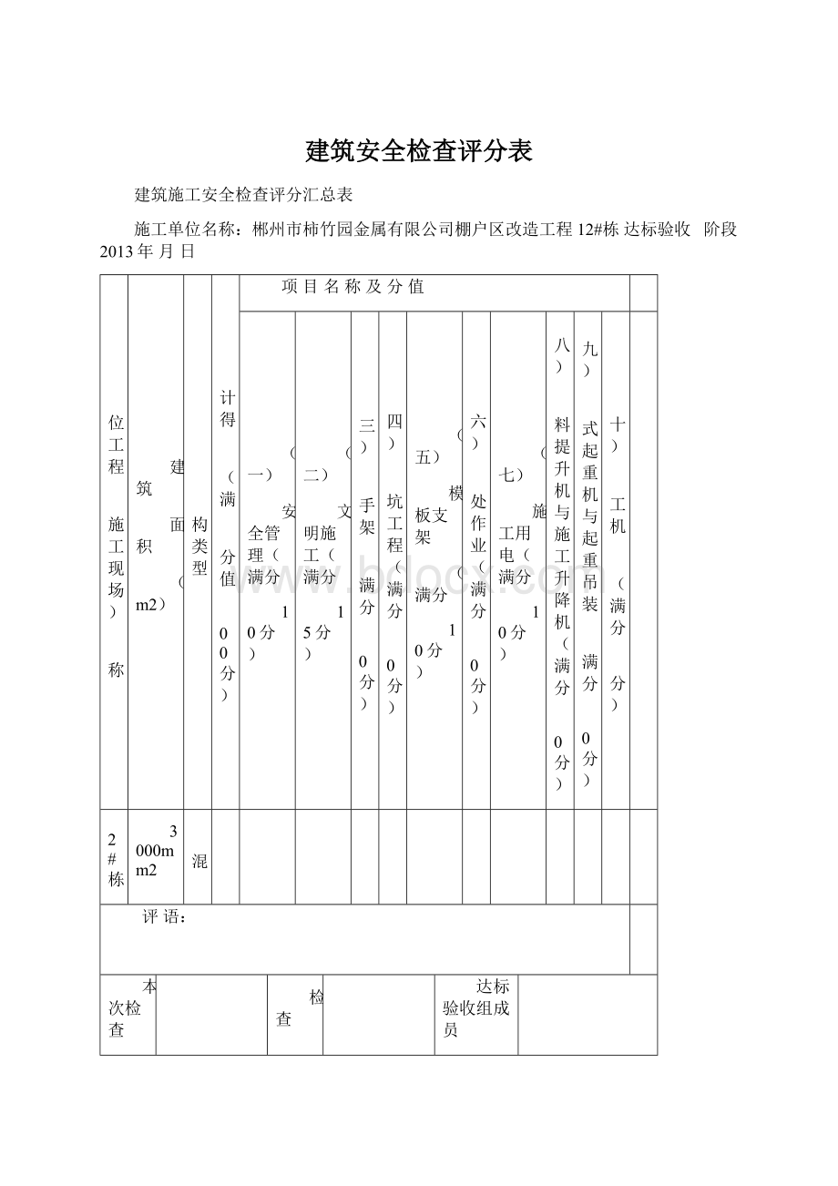 建筑安全检查评分表Word文档格式.docx