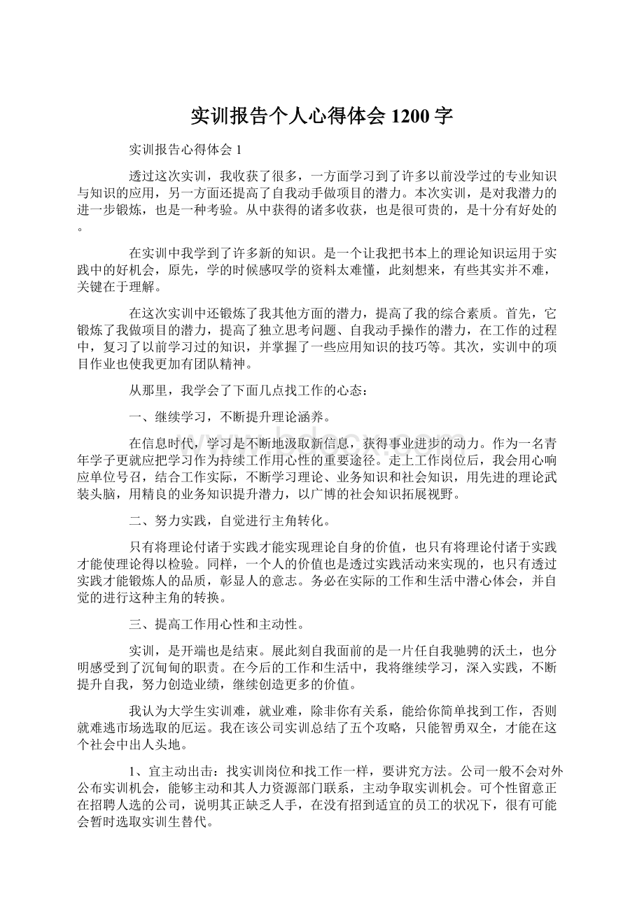 实训报告个人心得体会1200字Word格式文档下载.docx