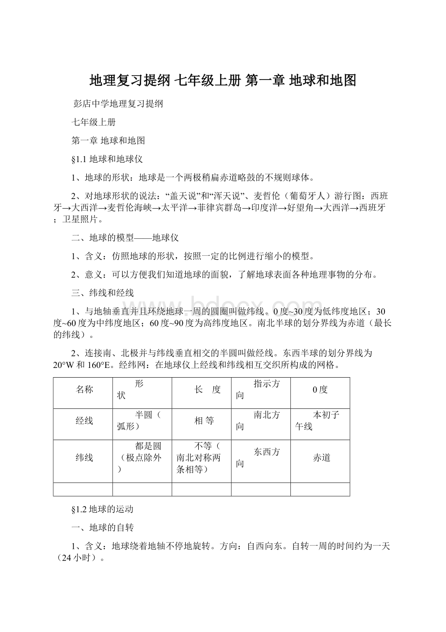 地理复习提纲 七年级上册 第一章 地球和地图.docx