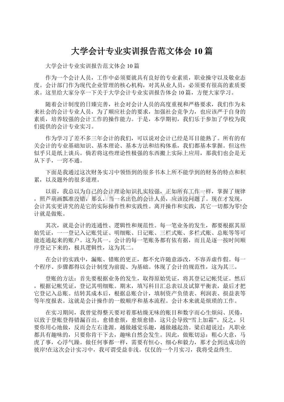 大学会计专业实训报告范文体会10篇.docx