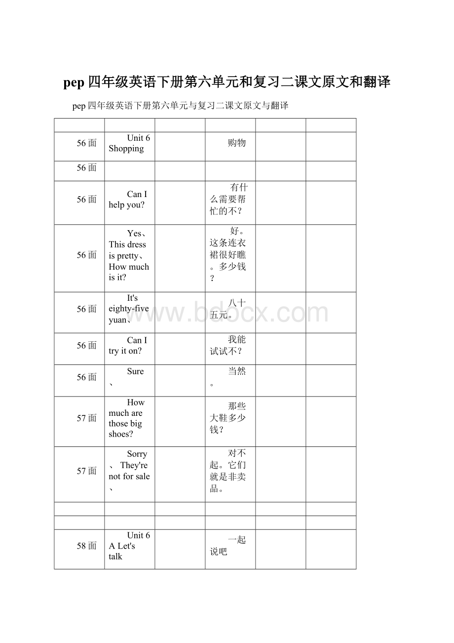 pep四年级英语下册第六单元和复习二课文原文和翻译.docx