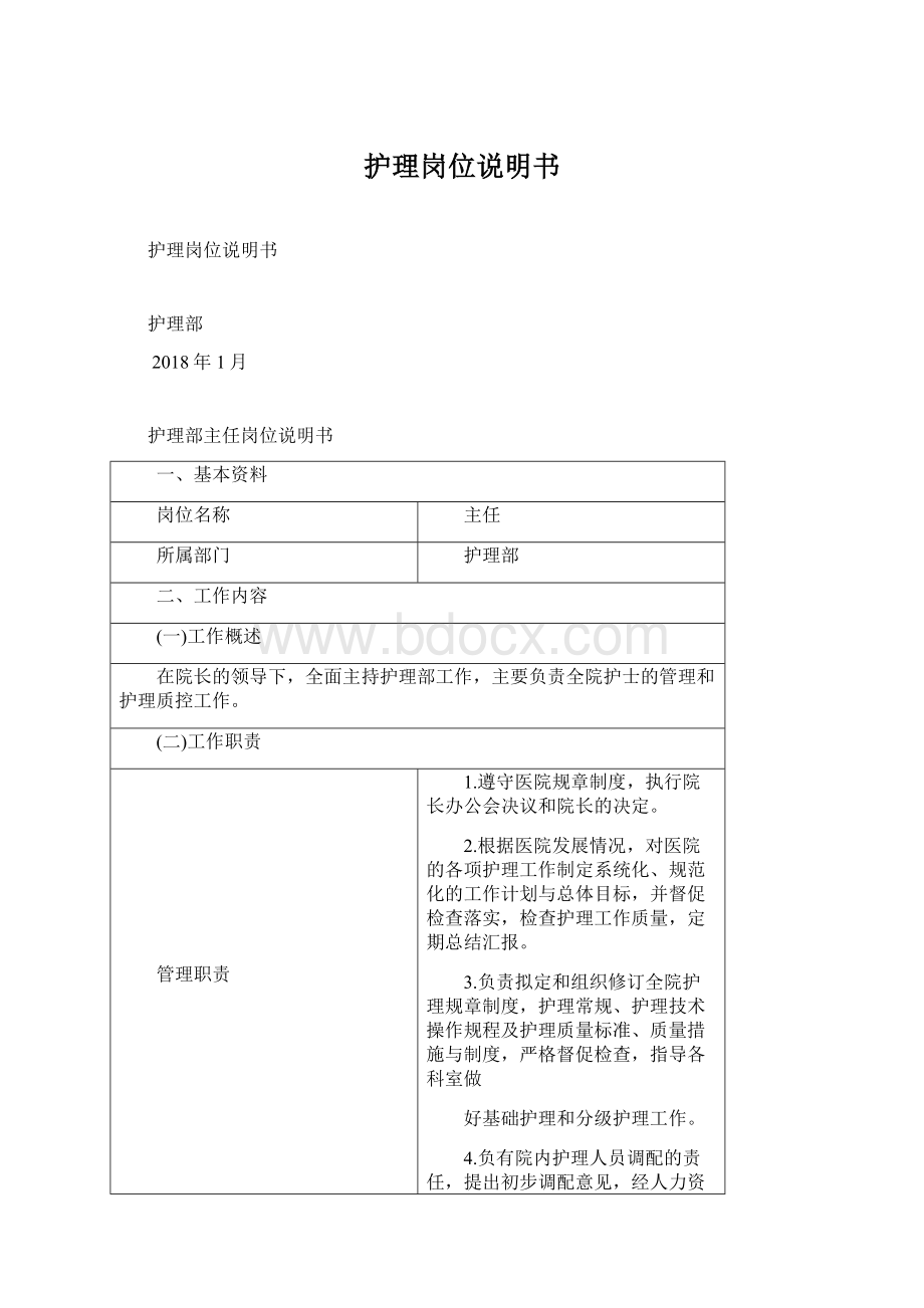 护理岗位说明书Word格式文档下载.docx