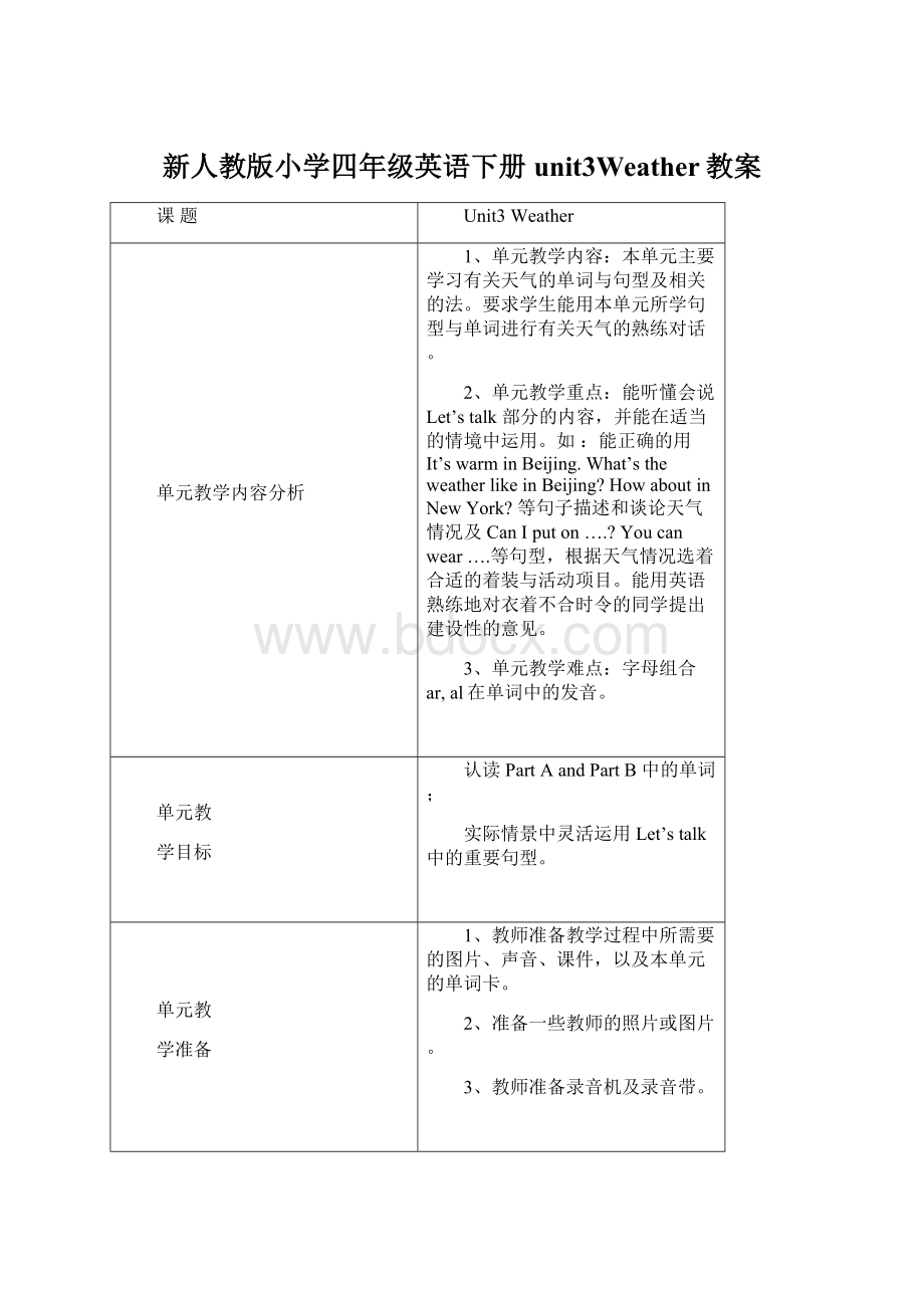 新人教版小学四年级英语下册unit3Weather教案Word格式文档下载.docx