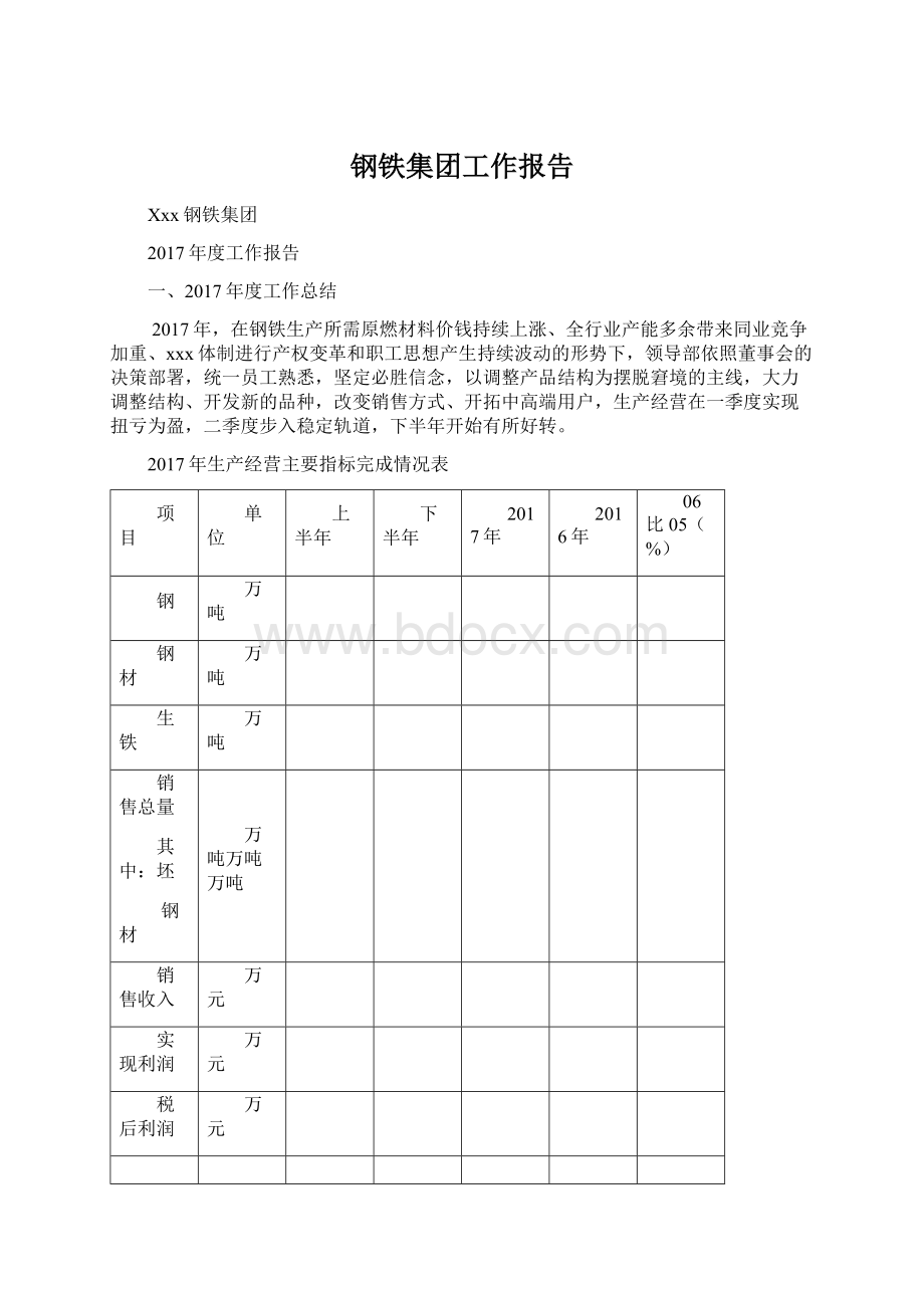 钢铁集团工作报告Word文件下载.docx