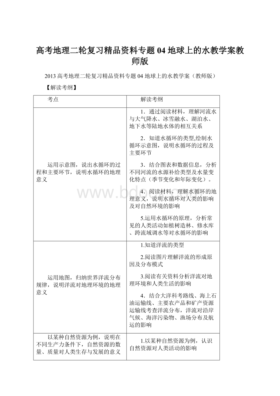 高考地理二轮复习精品资料专题04 地球上的水教学案教师版.docx_第1页