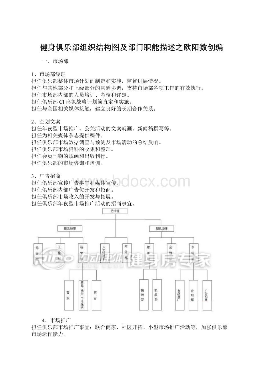 健身俱乐部组织结构图及部门职能描述之欧阳数创编Word下载.docx_第1页