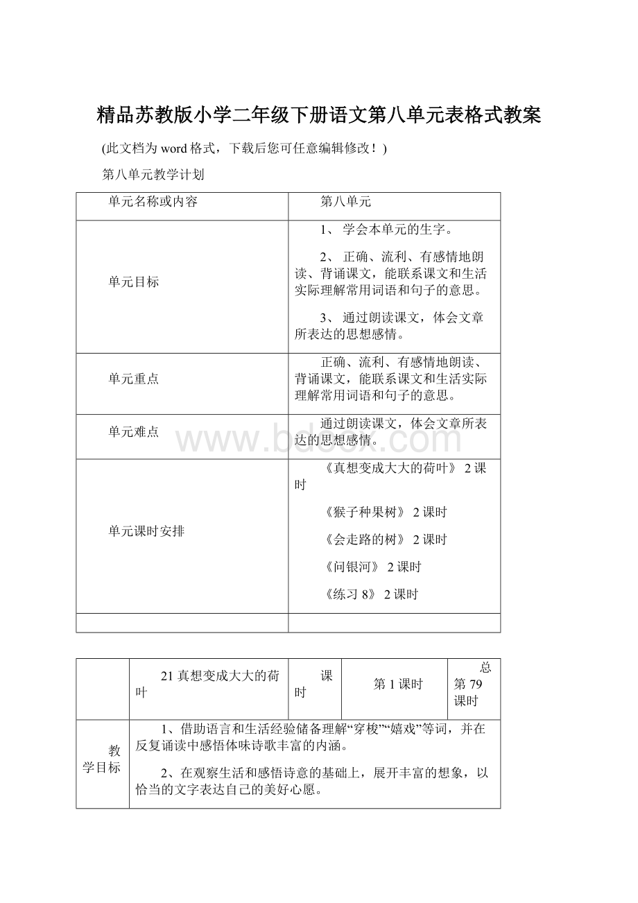 精品苏教版小学二年级下册语文第八单元表格式教案.docx_第1页