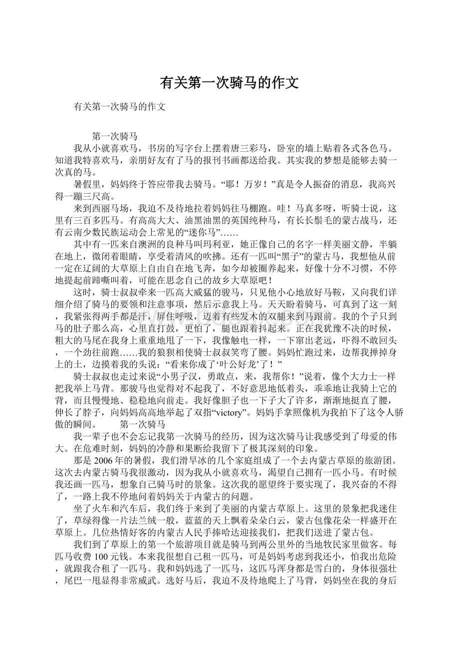 有关第一次骑马的作文Word格式文档下载.docx