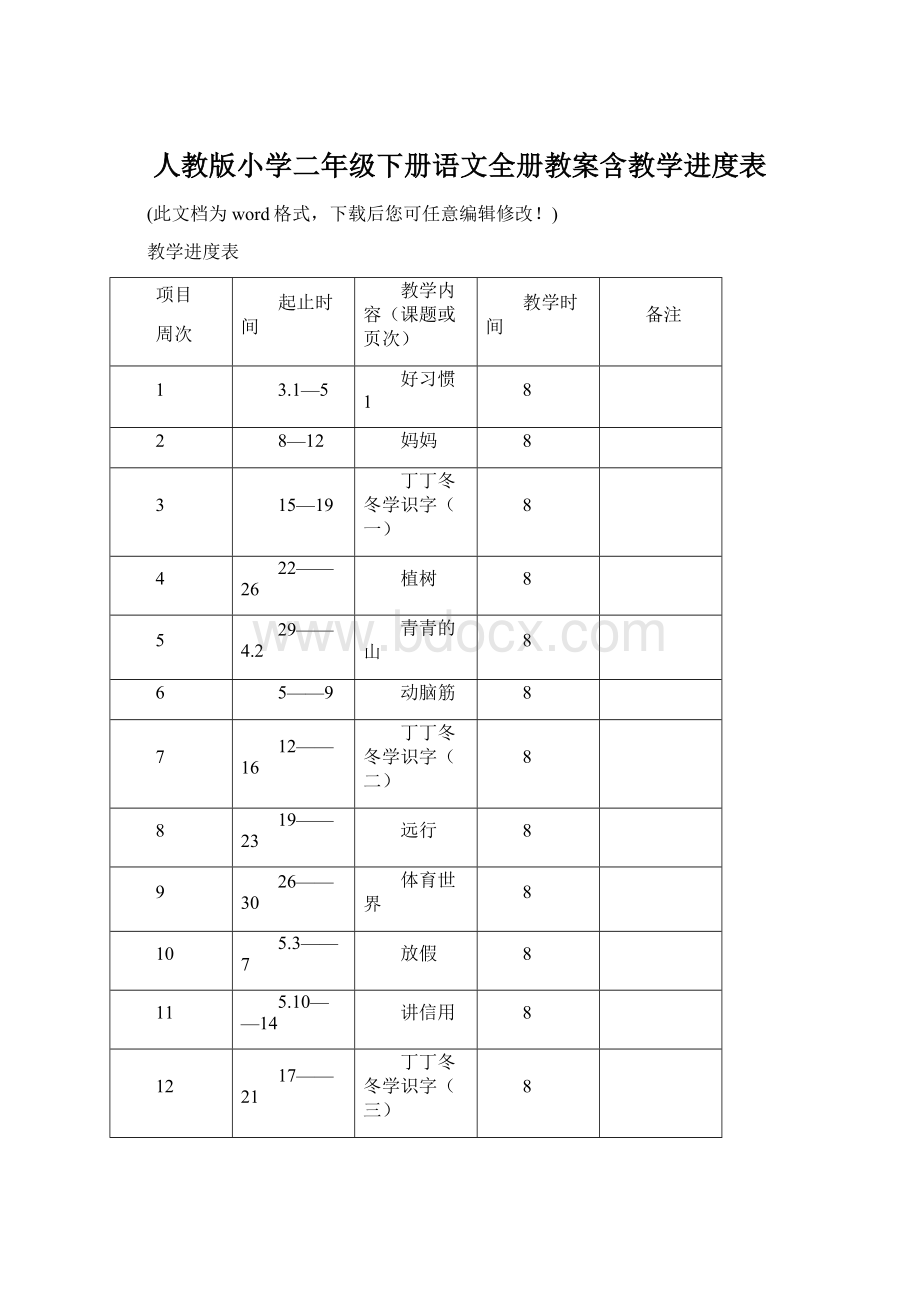 人教版小学二年级下册语文全册教案含教学进度表.docx_第1页