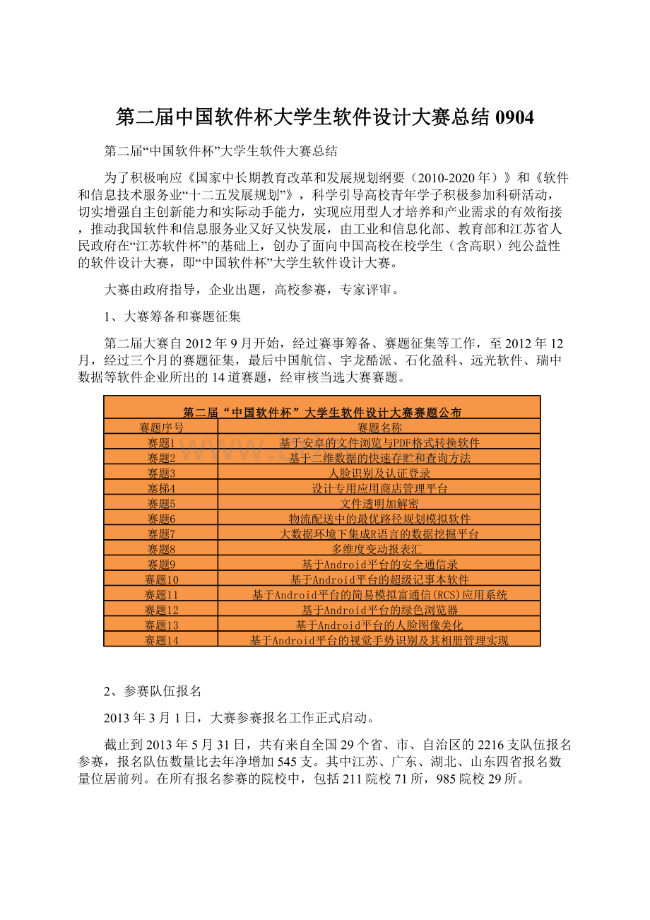 第二届中国软件杯大学生软件设计大赛总结0904Word文件下载.docx