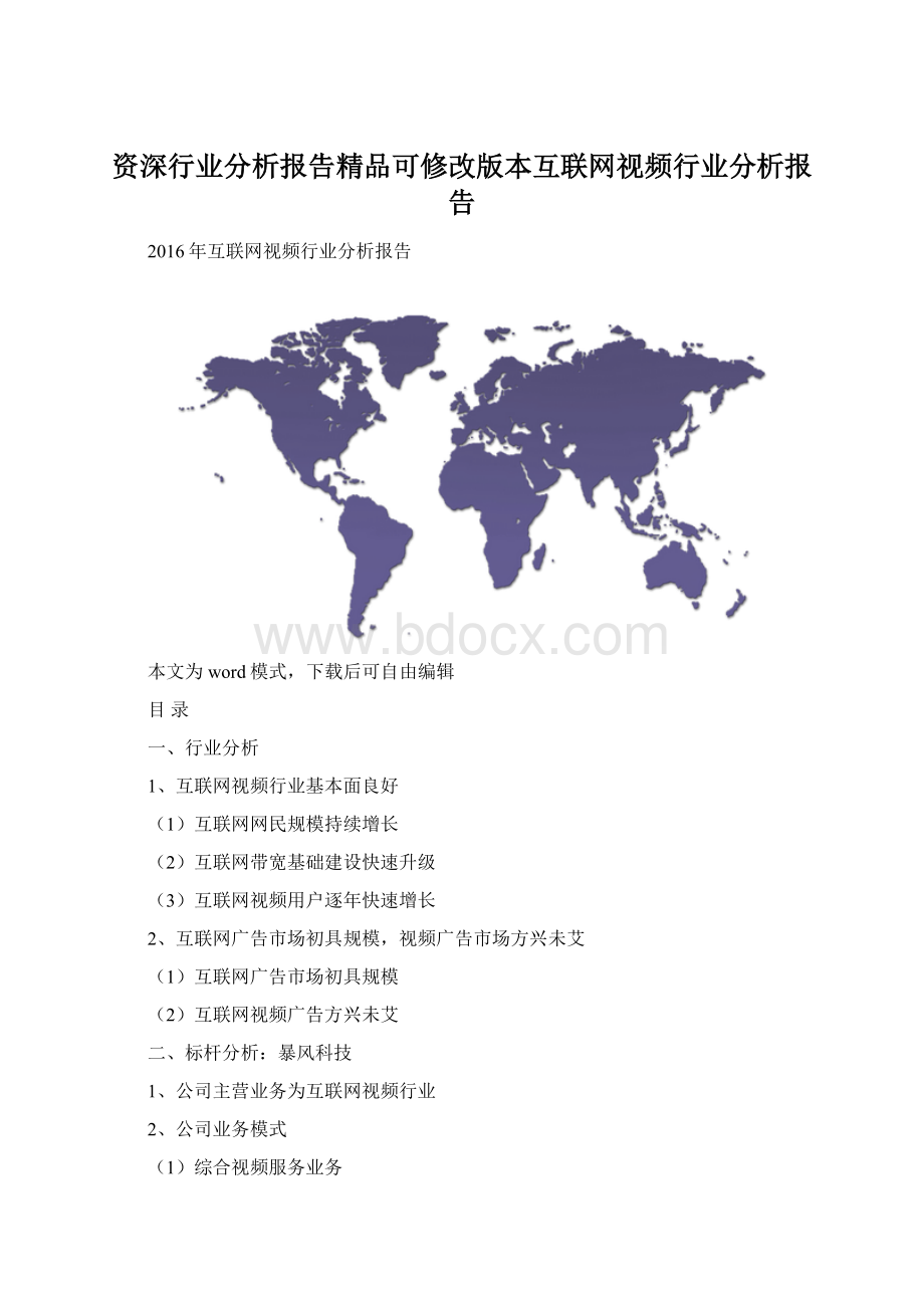 资深行业分析报告精品可修改版本互联网视频行业分析报告文档格式.docx_第1页