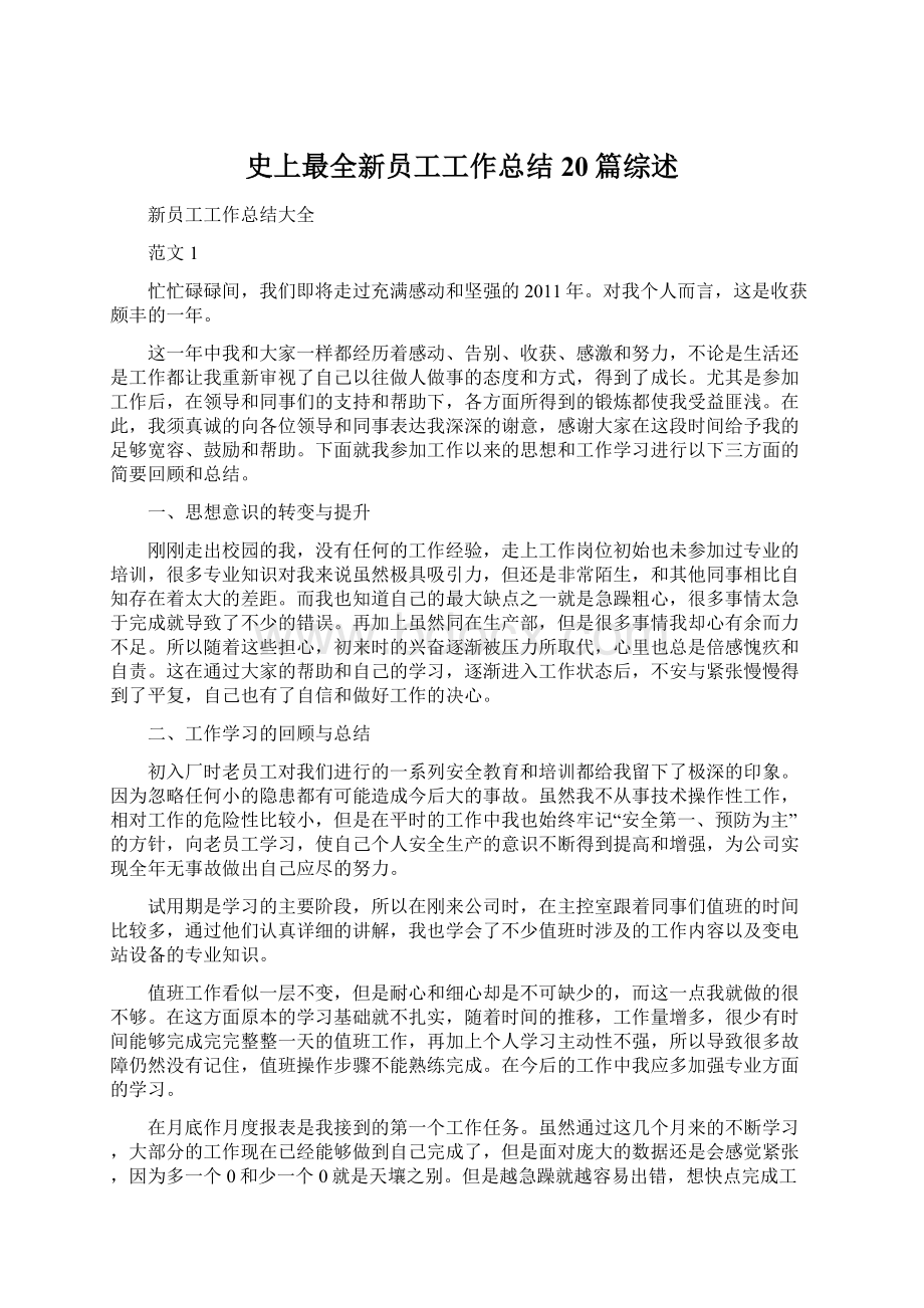 史上最全新员工工作总结20篇综述文档格式.docx_第1页