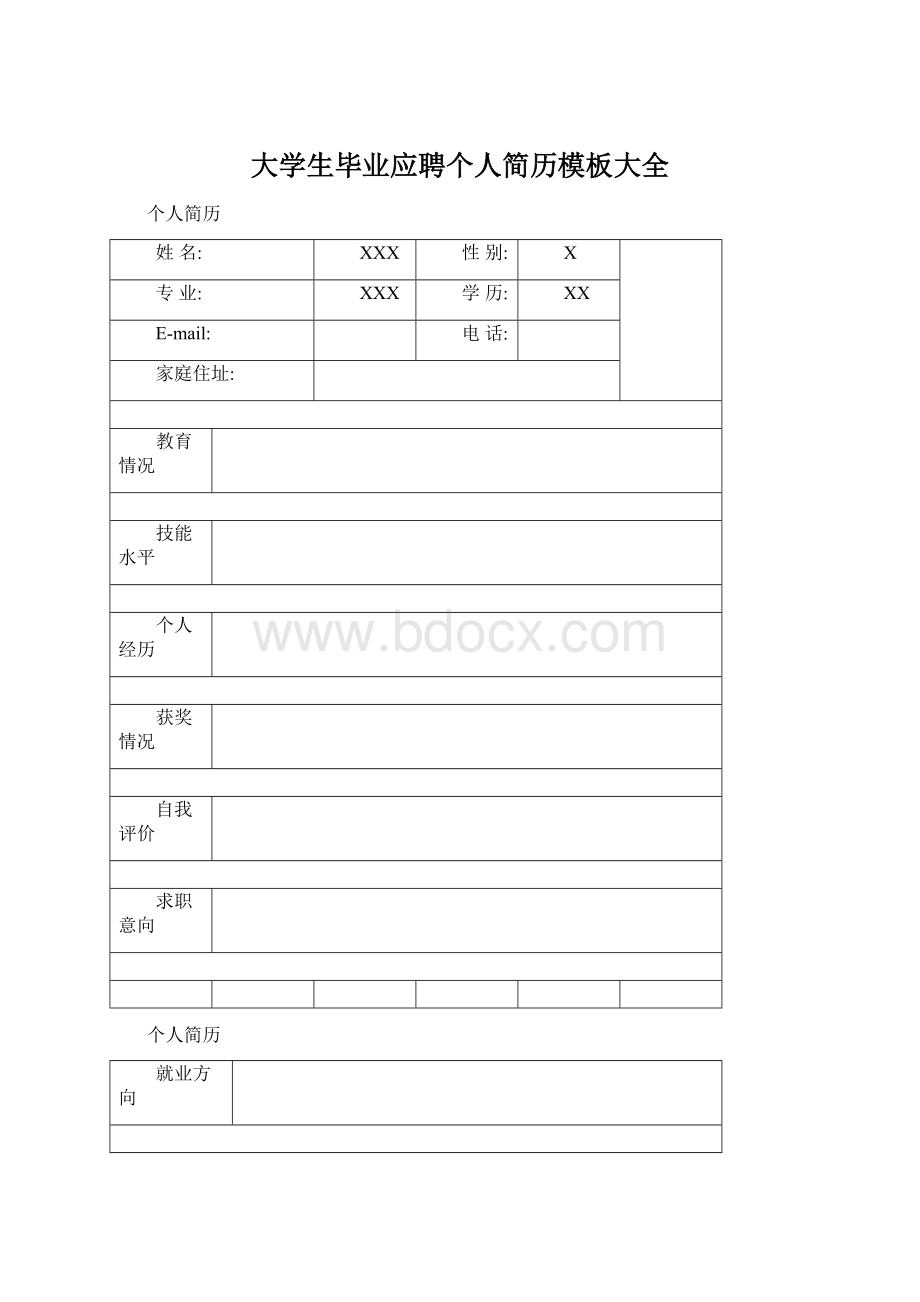 大学生毕业应聘个人简历模板大全Word格式.docx_第1页