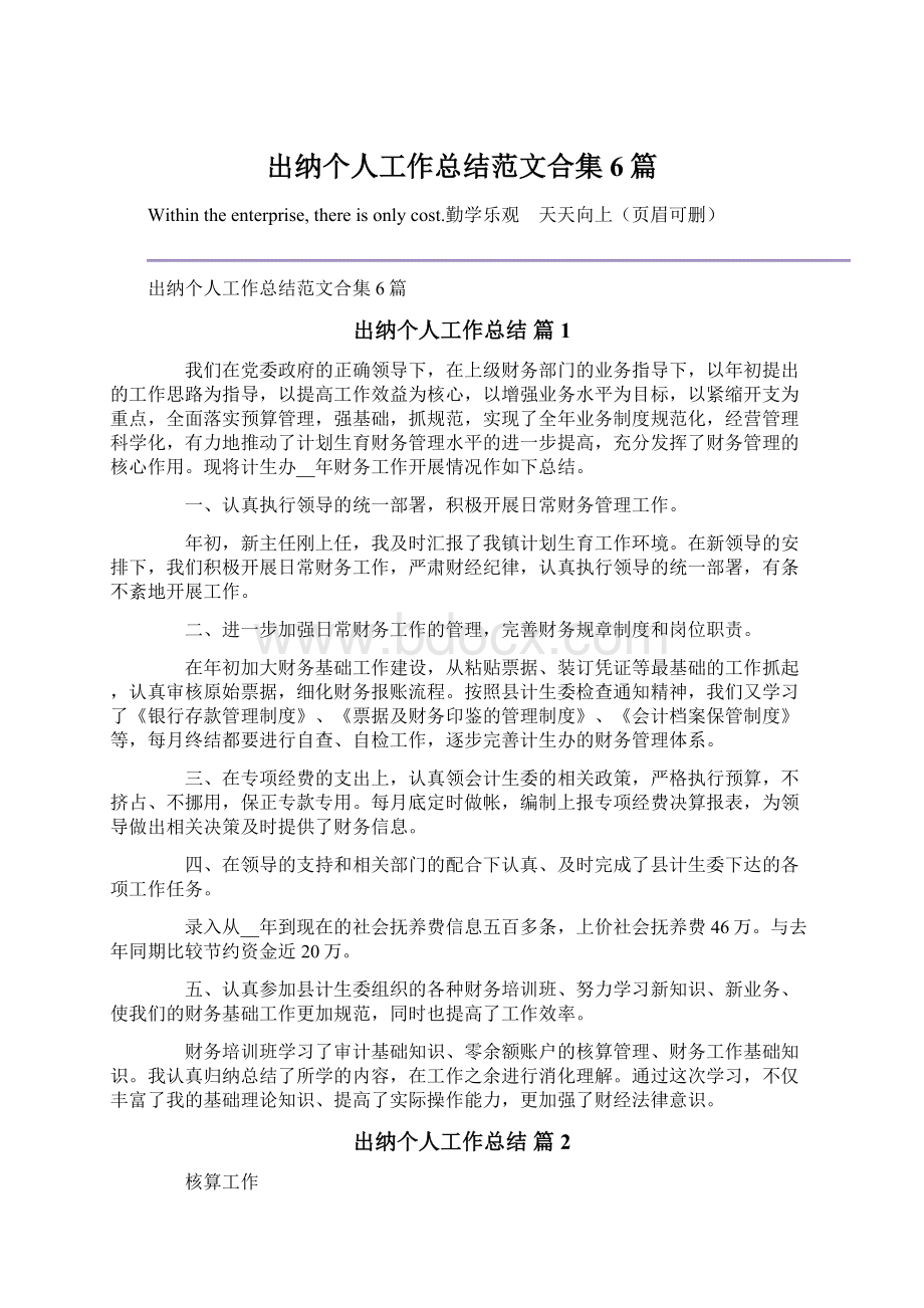 出纳个人工作总结范文合集6篇.docx