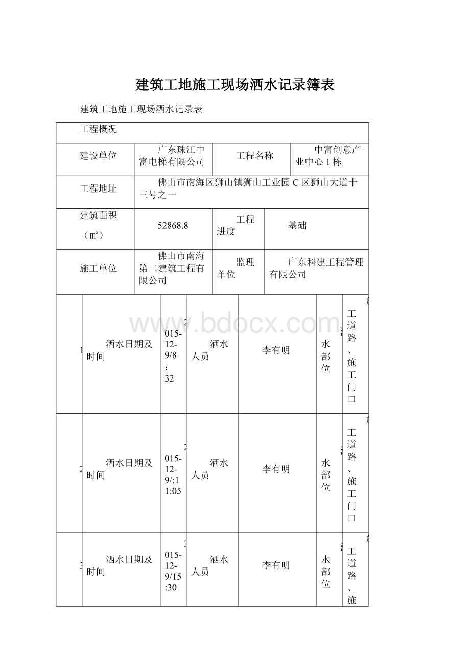 建筑工地施工现场洒水记录簿表Word格式文档下载.docx