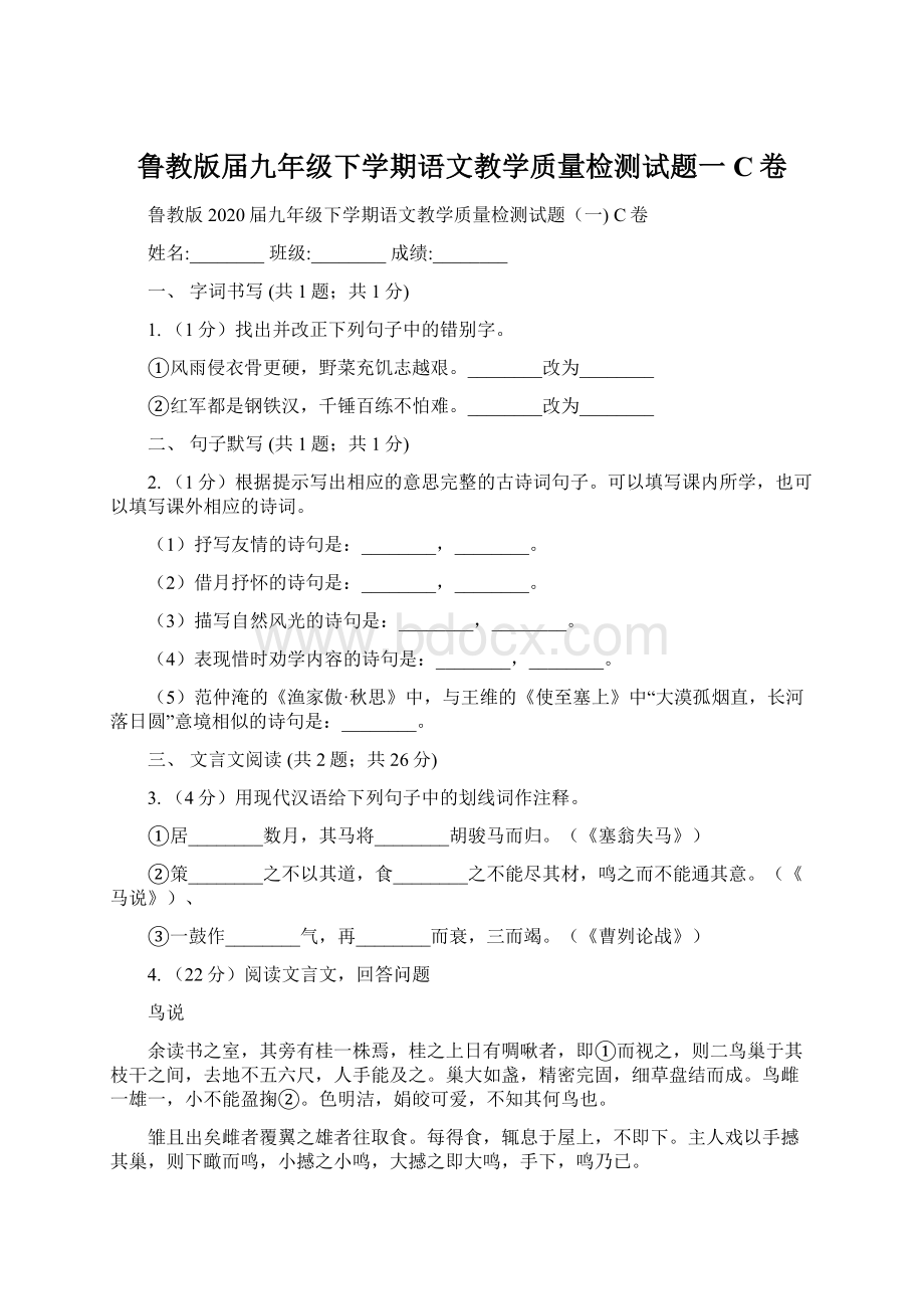 鲁教版届九年级下学期语文教学质量检测试题一 C卷.docx