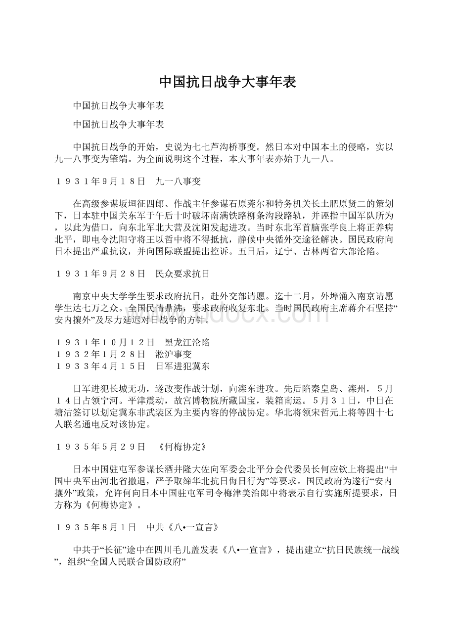 中国抗日战争大事年表Word格式文档下载.docx