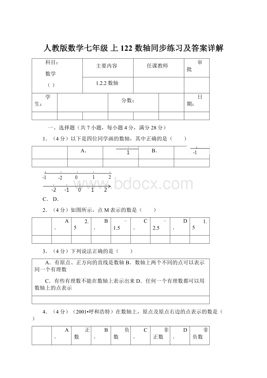 人教版数学七年级 上122 数轴同步练习及答案详解.docx_第1页