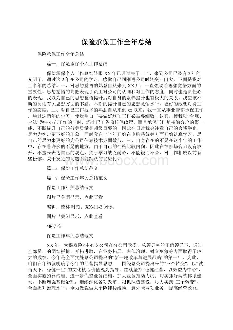 保险承保工作全年总结文档格式.docx_第1页