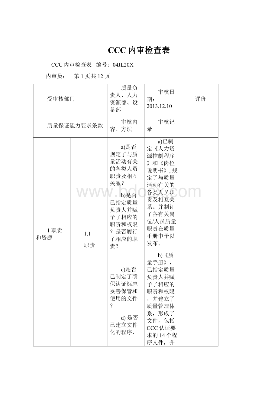 CCC内审检查表Word格式文档下载.docx_第1页