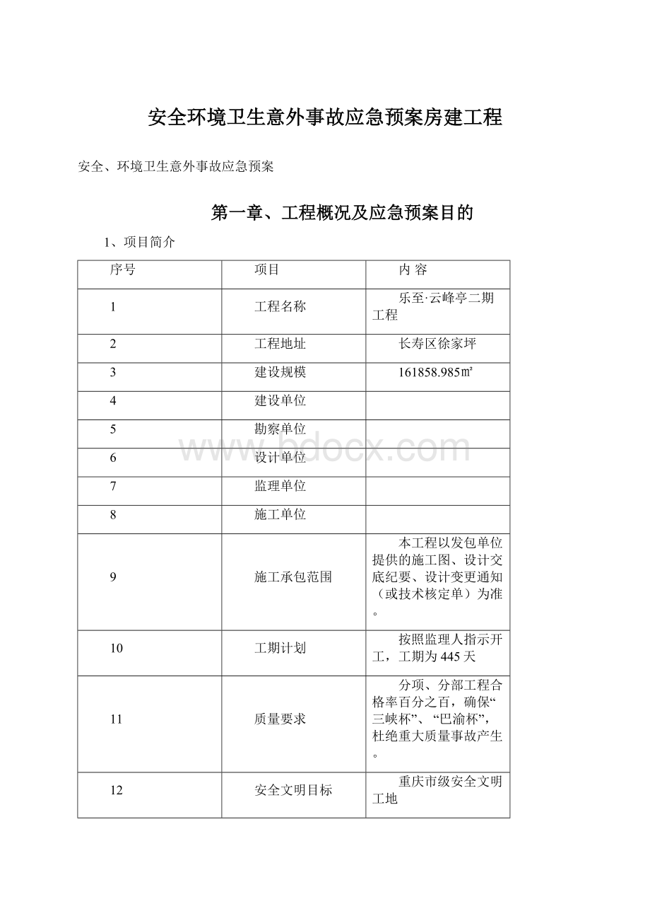 安全环境卫生意外事故应急预案房建工程Word格式.docx_第1页