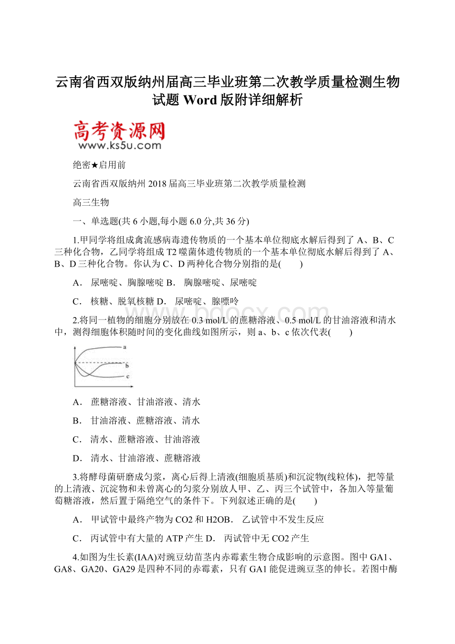 云南省西双版纳州届高三毕业班第二次教学质量检测生物试题Word版附详细解析Word文档下载推荐.docx_第1页