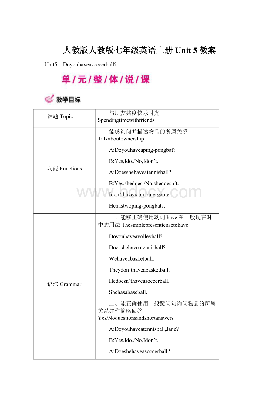 人教版人教版七年级英语上册Unit 5教案Word格式.docx_第1页