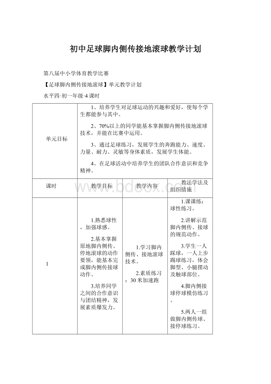 初中足球脚内侧传接地滚球教学计划.docx_第1页