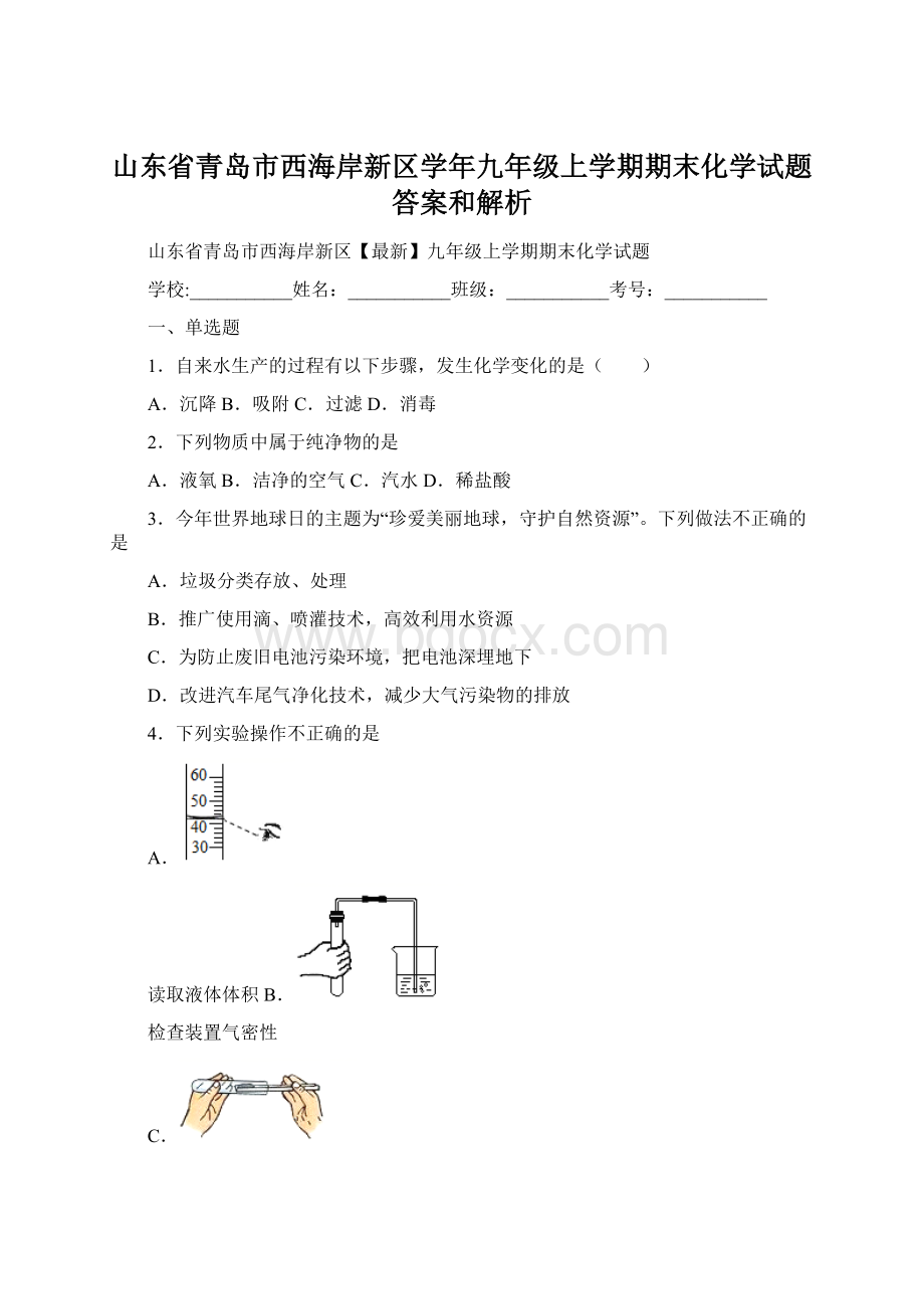 山东省青岛市西海岸新区学年九年级上学期期末化学试题 答案和解析.docx