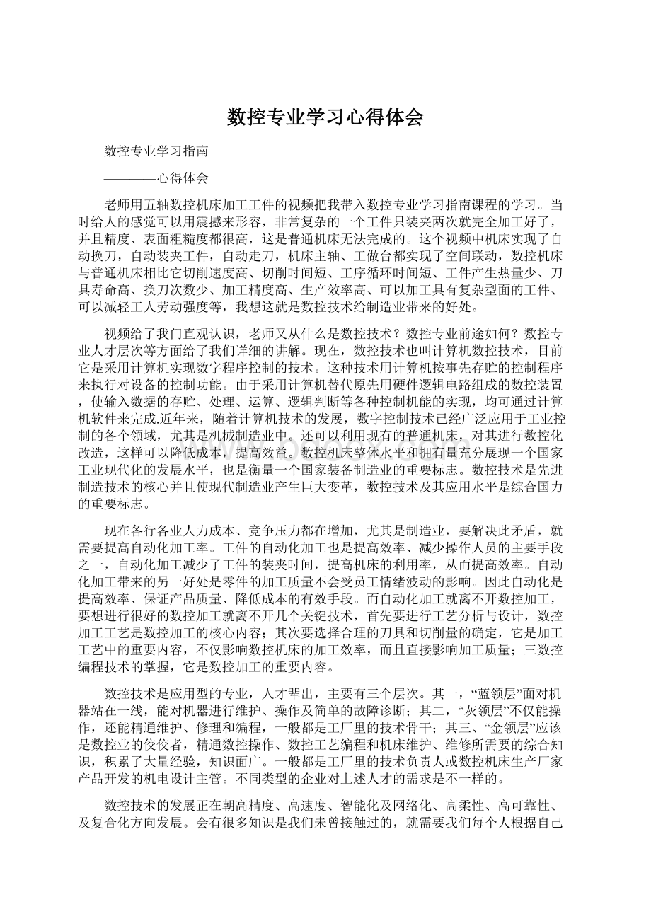 数控专业学习心得体会Word文档格式.docx_第1页