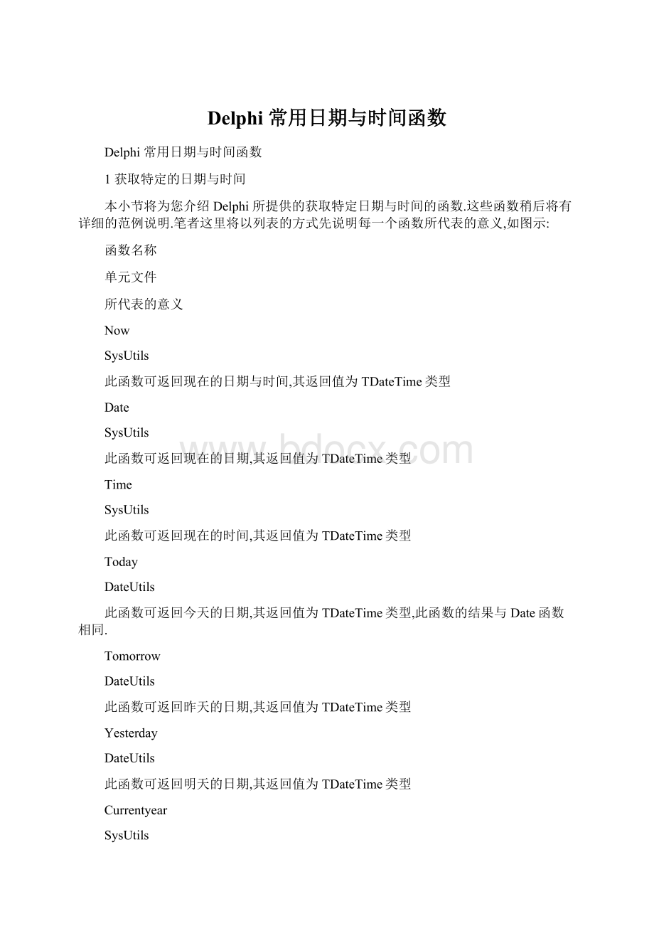 Delphi 常用日期与时间函数Word文档格式.docx