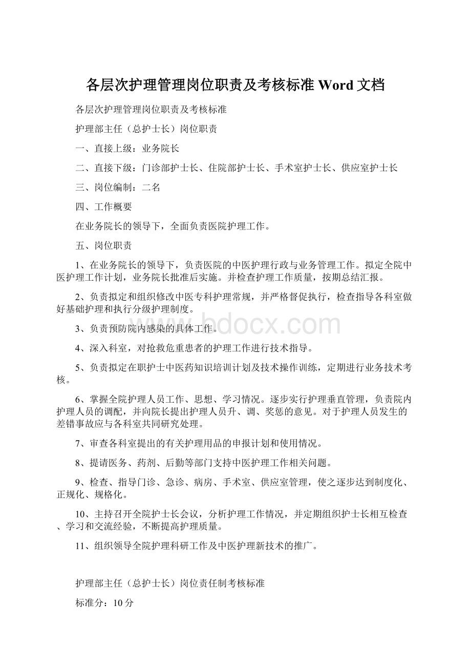 各层次护理管理岗位职责及考核标准Word文档Word文档格式.docx