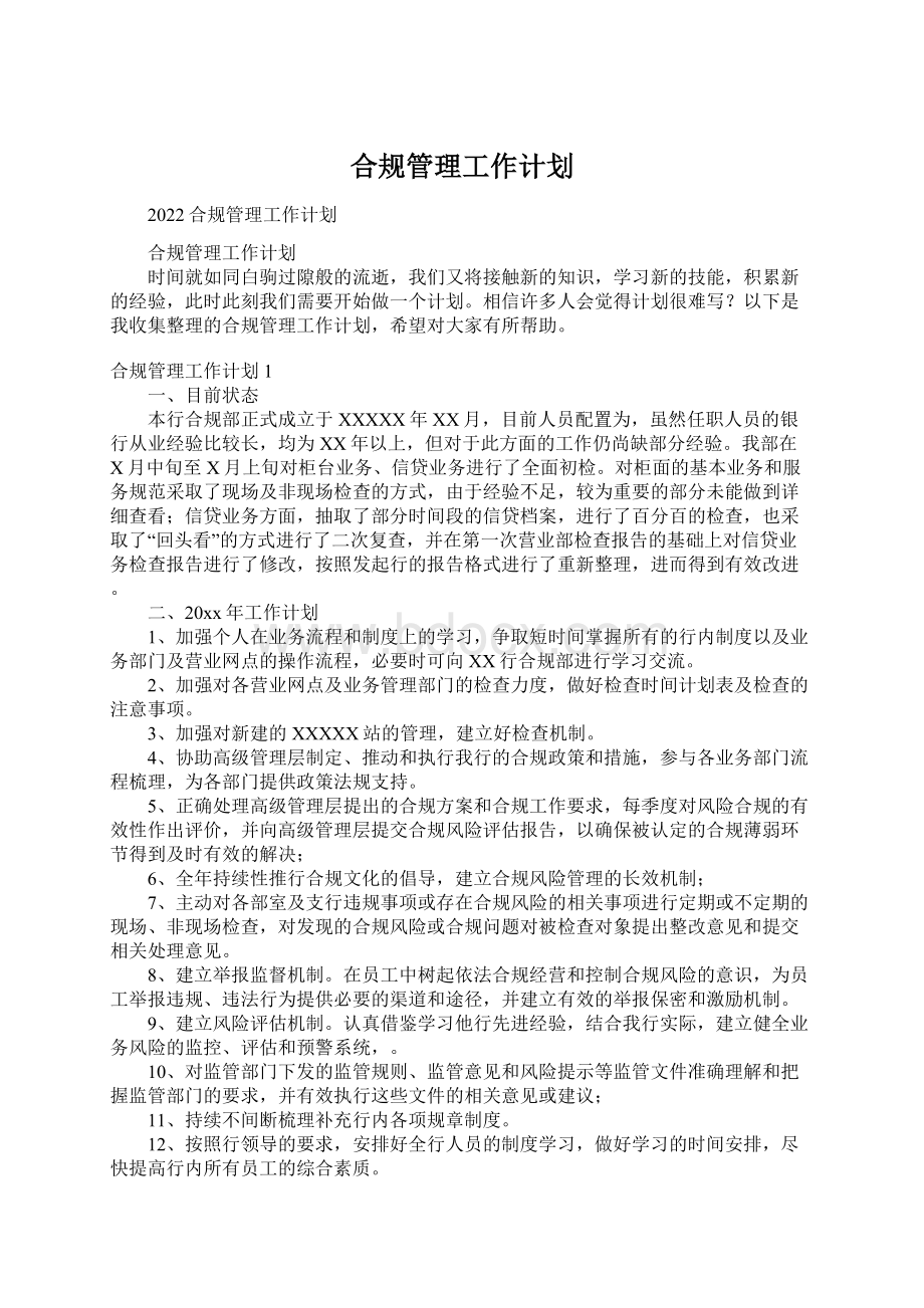 合规管理工作计划Word文档格式.docx