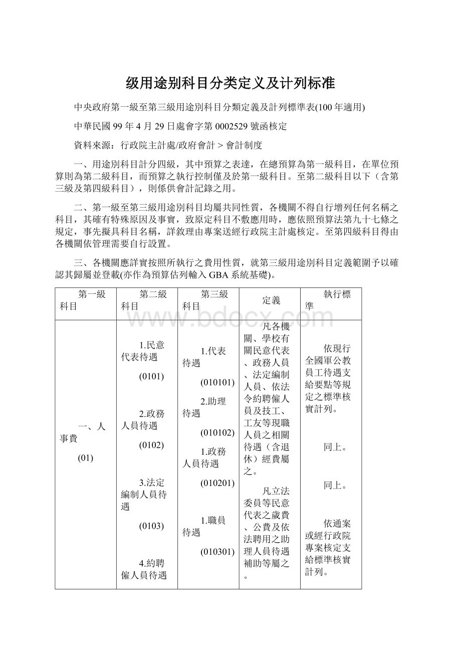 级用途别科目分类定义及计列标准Word格式.docx_第1页