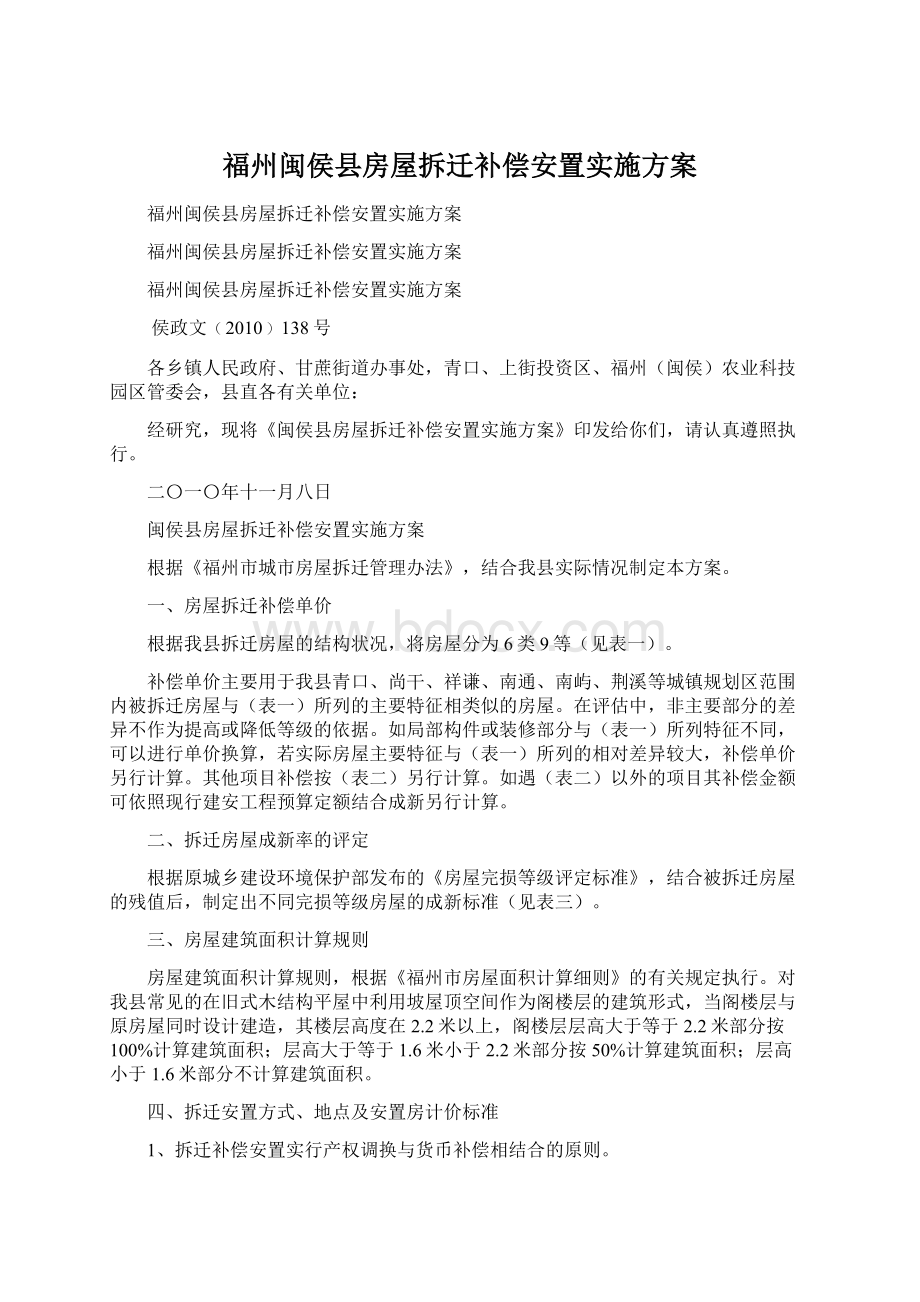 福州闽侯县房屋拆迁补偿安置实施方案文档格式.docx