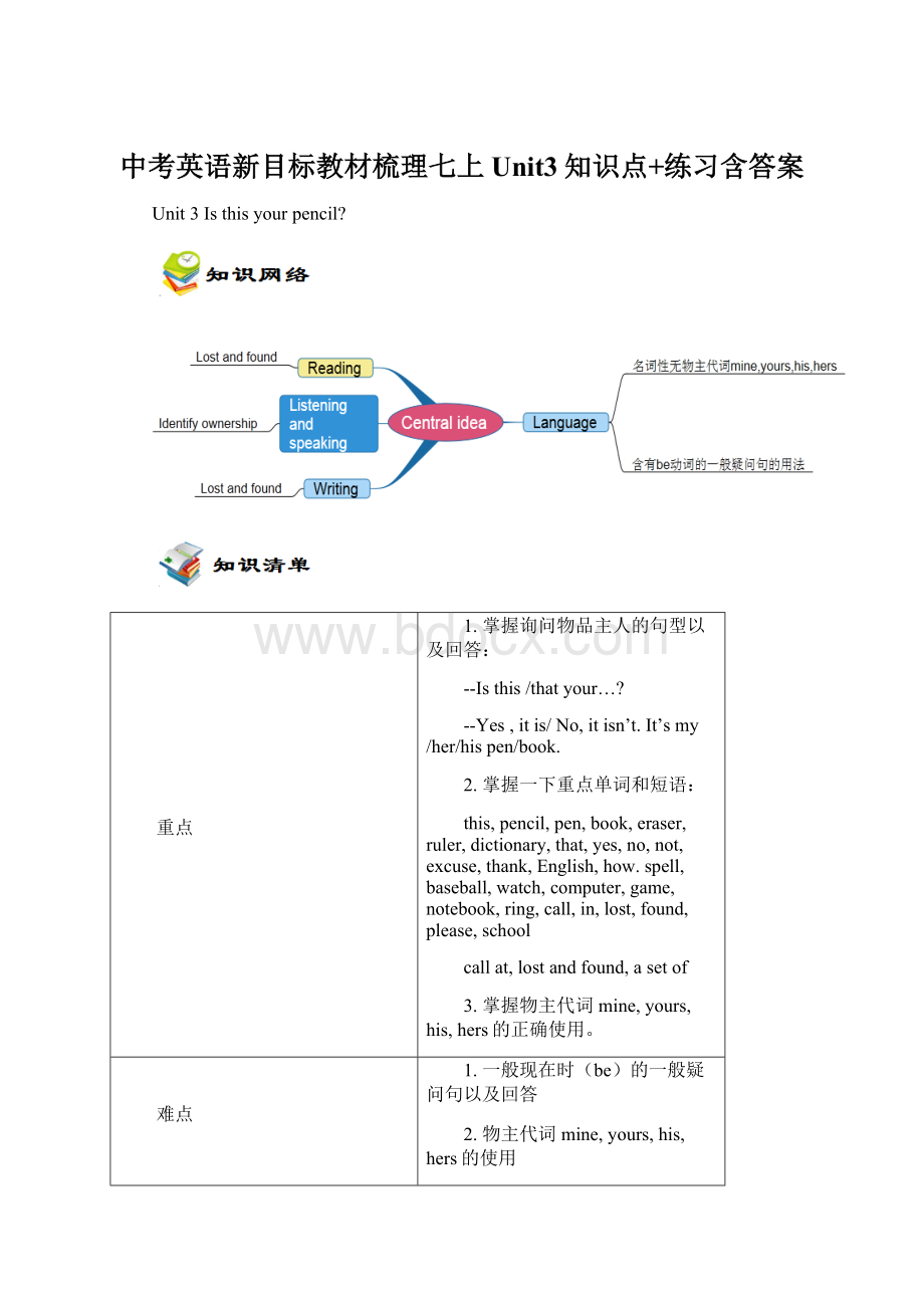 中考英语新目标教材梳理七上Unit3知识点+练习含答案.docx_第1页