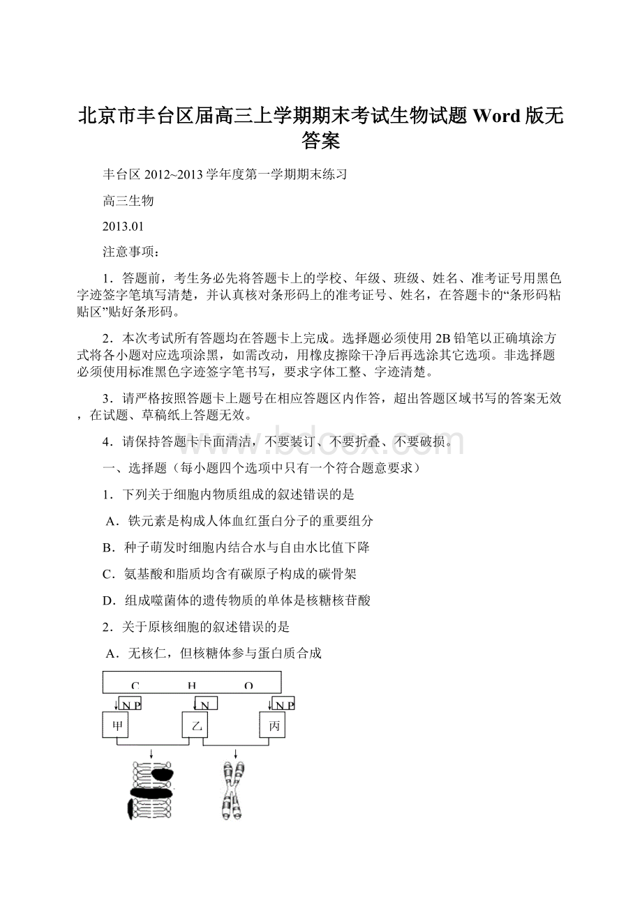 北京市丰台区届高三上学期期末考试生物试题Word版无答案Word下载.docx_第1页