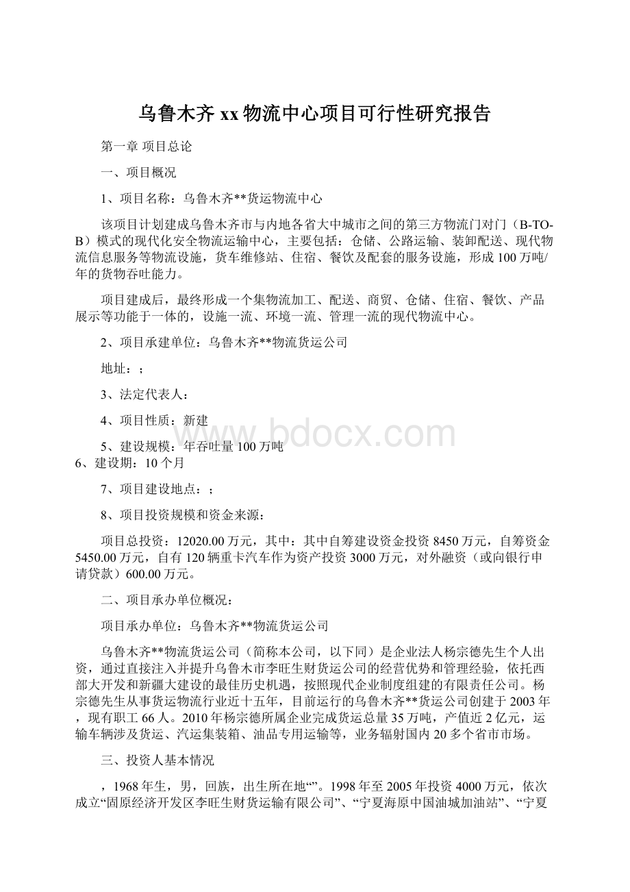 乌鲁木齐xx物流中心项目可行性研究报告.docx_第1页