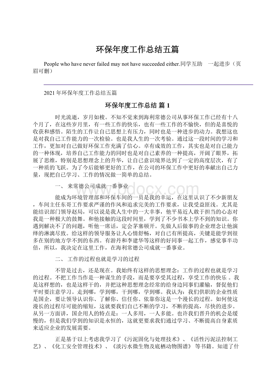 环保年度工作总结五篇文档格式.docx