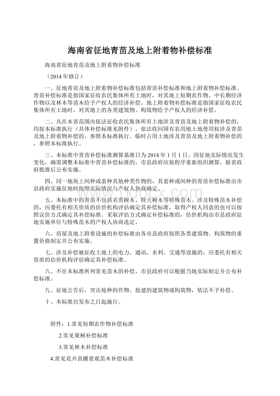 海南省征地青苗及地上附着物补偿标准文档格式.docx