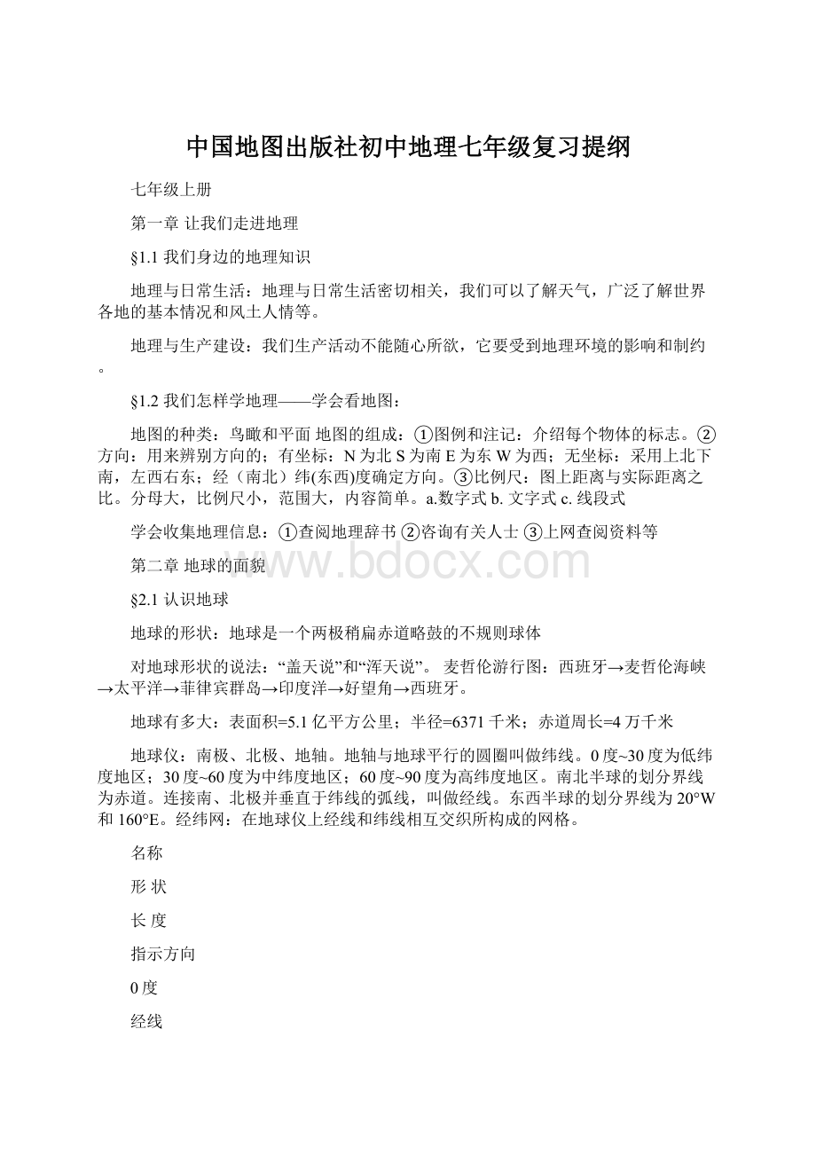 中国地图出版社初中地理七年级复习提纲Word下载.docx