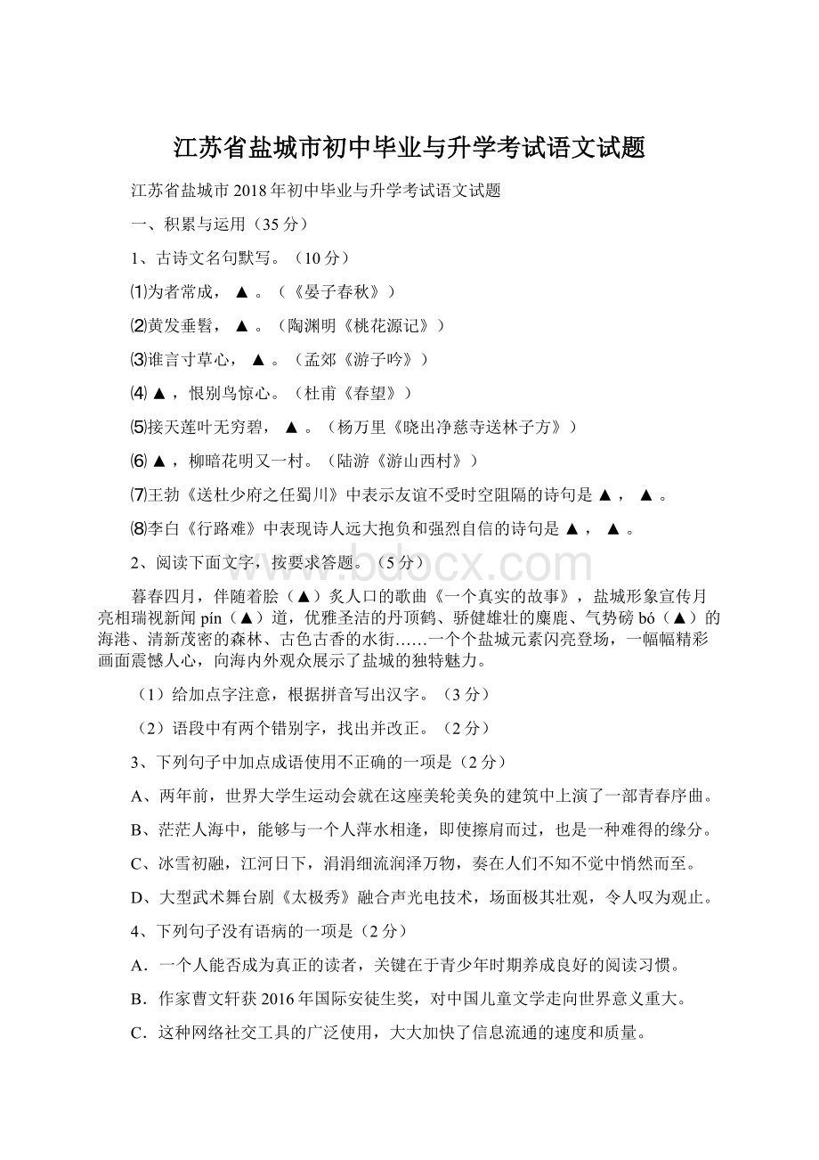 江苏省盐城市初中毕业与升学考试语文试题.docx