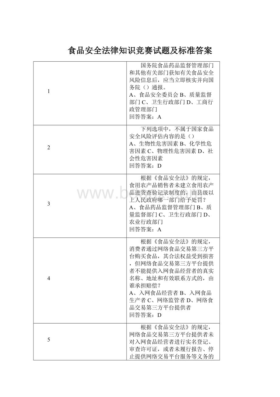 食品安全法律知识竞赛试题及标准答案Word格式文档下载.docx