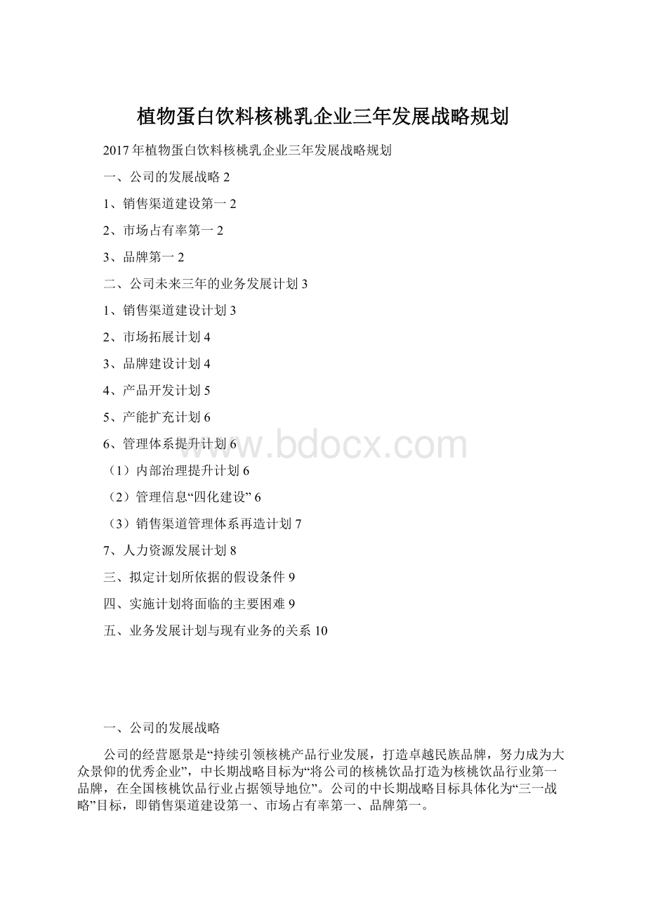 植物蛋白饮料核桃乳企业三年发展战略规划.docx