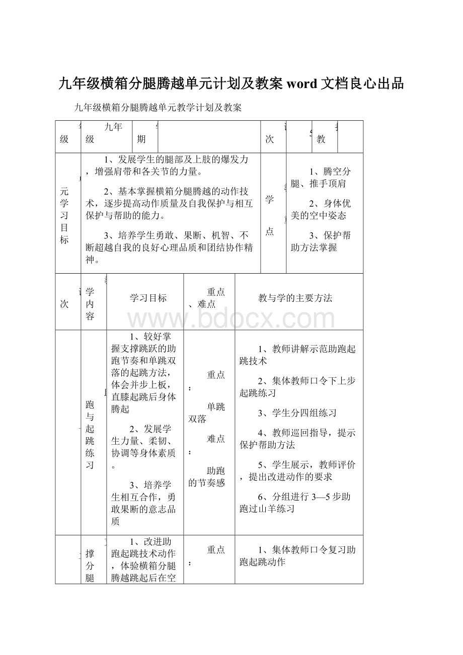 九年级横箱分腿腾越单元计划及教案word文档良心出品.docx_第1页