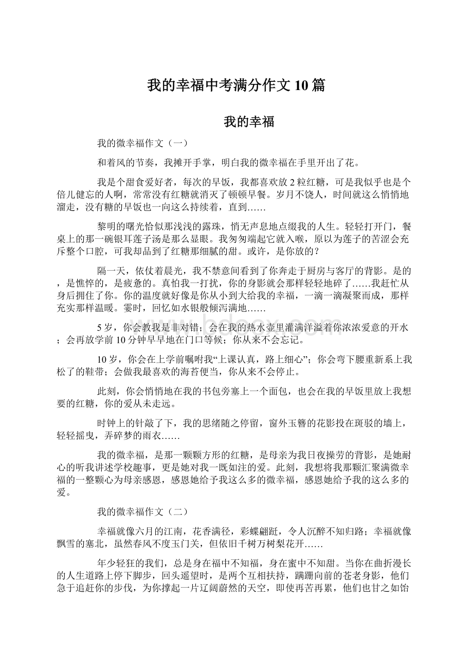 我的幸福中考满分作文10篇Word下载.docx